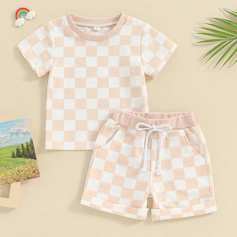 Clothing Sets 2023-12-19 Lioraitiin 0-3Y Toddler Baby Girl Summer Short Outfit Checkered Plaid Short Sleeve T-shirt Drstring Shorts Set R240708
