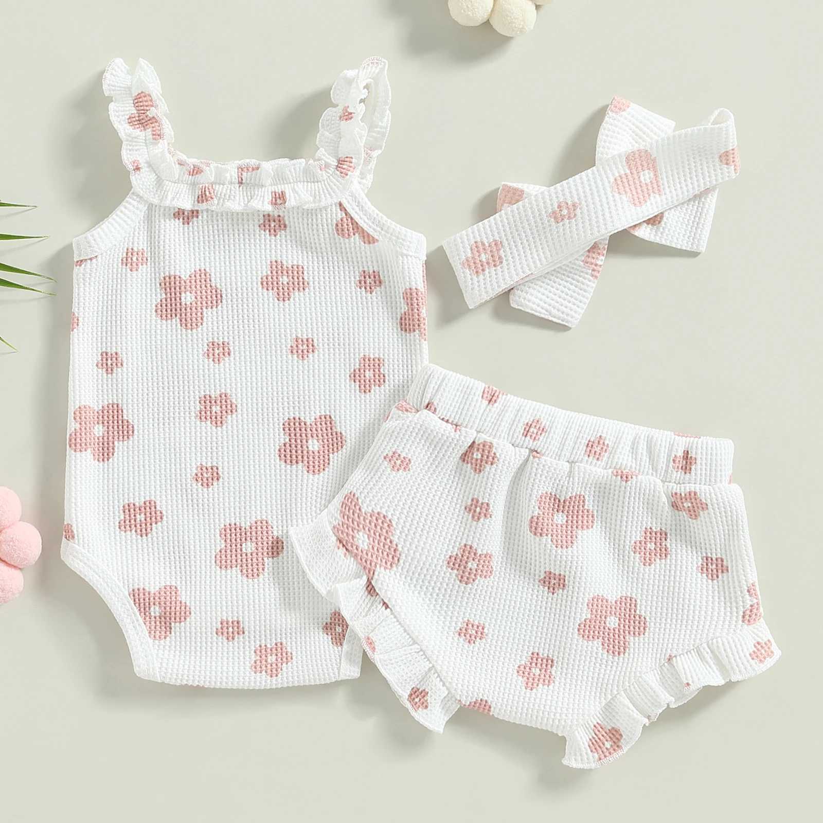 Clothing Sets Infant Newborn Baby Girls 3Pcs Summer Outfits Floral Sleeveless Strap Romper + Shorts + Headband Set 0-18M R240708