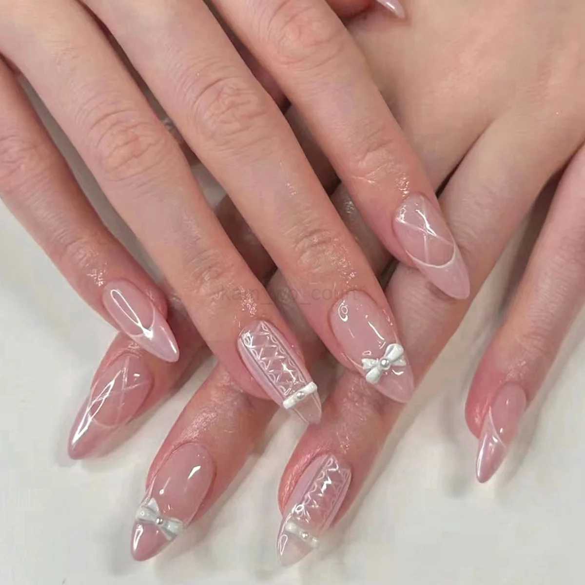 White French Short Press on Nails 3D Bowknot Designs Nude Color Fake Nails Artificial False Nails Tips for Woman DIY ManicureM240708