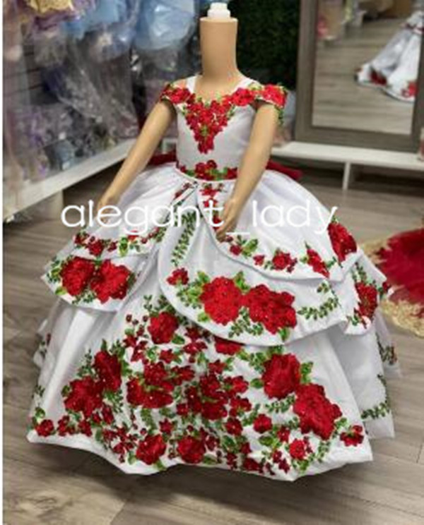 White Red Charro Mexican Mini Quinceanera Dresses with Big Bow 2025 Floral Toddler Pageant Birthday Party Flower Girl Dress