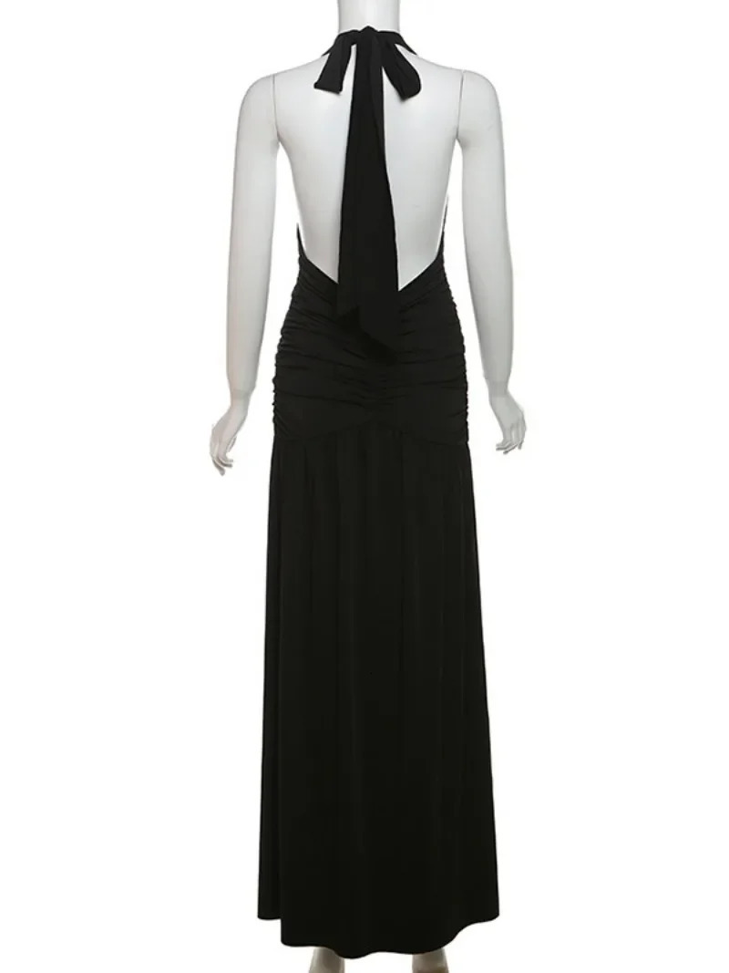 Womens Summer Deep Vneck High Waist Folds Long Dress Halter Neck Bandage Backless Tunics Split White Party Evening Dresses 240627