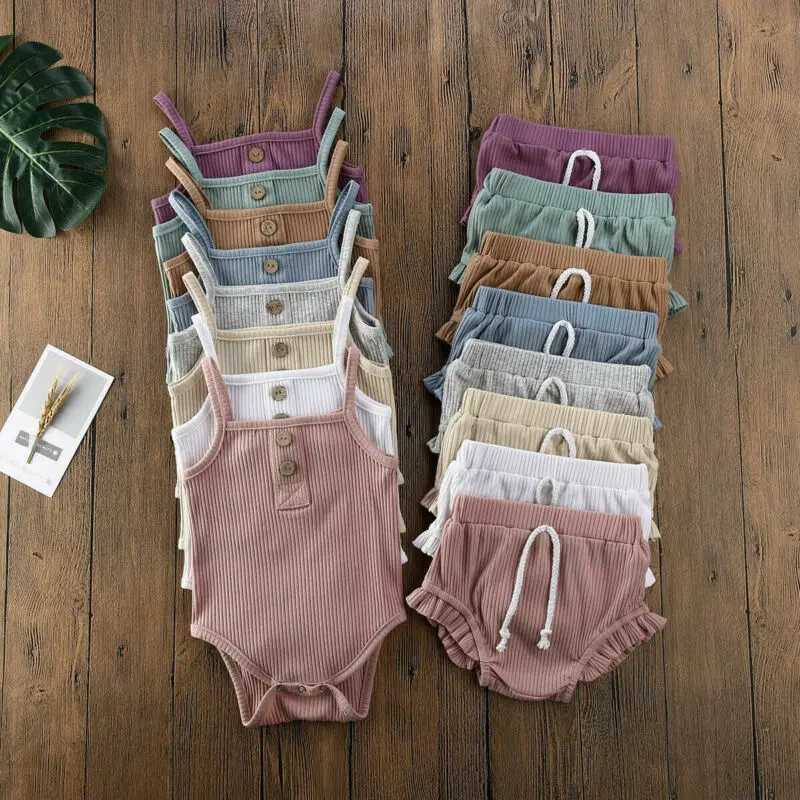 Clothing Sets 2020 Baby Summer Clothing 2PCS Newborn Baby Girl Solid Clothes Knitted Vest Crop Tops Vest Shorts Pants Ribbed Outfit R240708