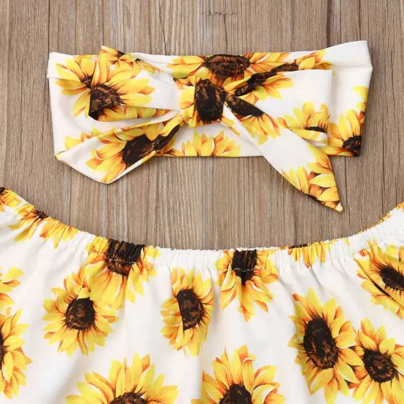 Clothing Sets Pudcoco US Stock Fashion Kids Baby Girls Summer Clothes Set Off Shoulder Sunfloral Tops Denim Pants Outfits Set Clothes Summer R240708