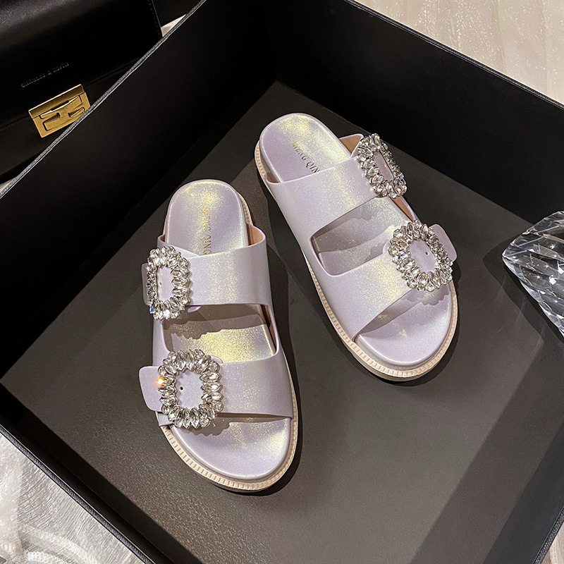 Rutep slippers are worn over women's rhinestone square buckles open toe double loops platform sandals and large size women's shoes apricot 4