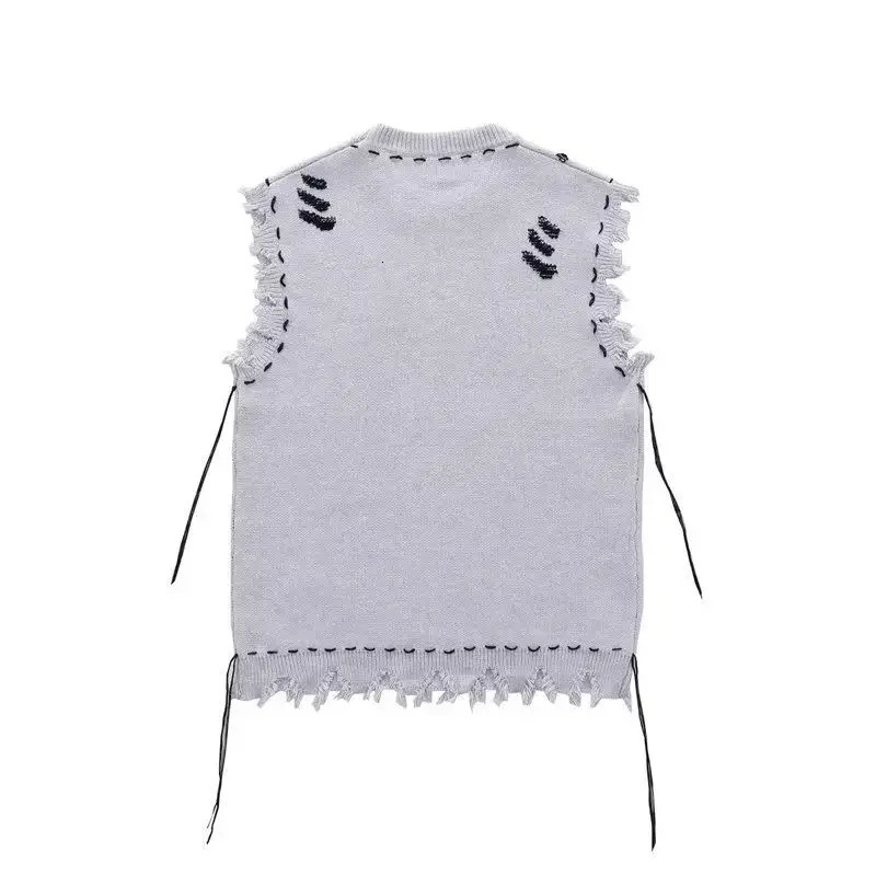 Mens Clothing Waistcoat Torn Knit Sweater Male Sleeveless Icon Hippie Y2k Streetwear Vest with Holes Korean Autumn Wool A 240704