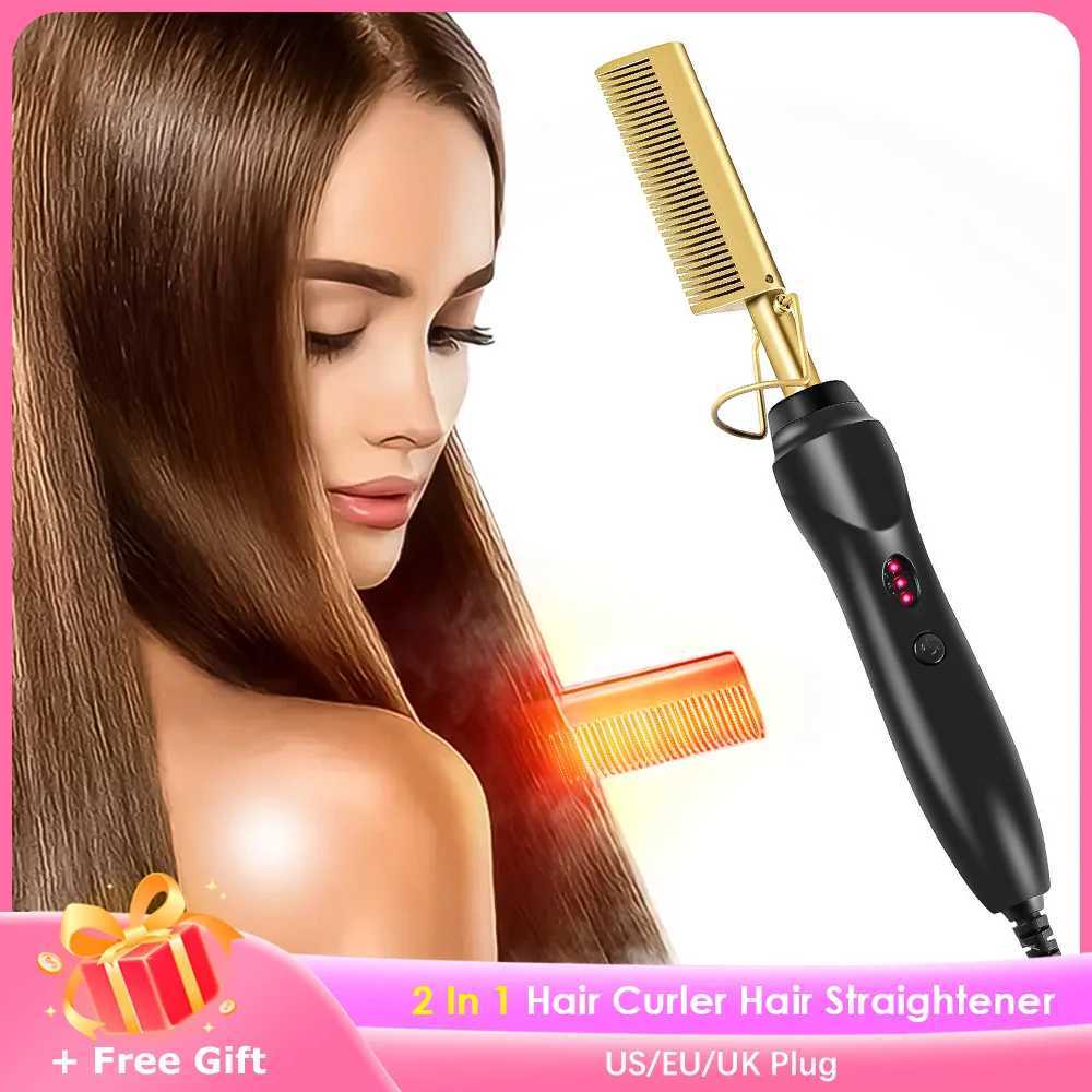 2-in-1 Hot Comb Straightener Flat Iron Straightener Brush Hot Comb Straightener Curler Payne Hair Conditioner W240807