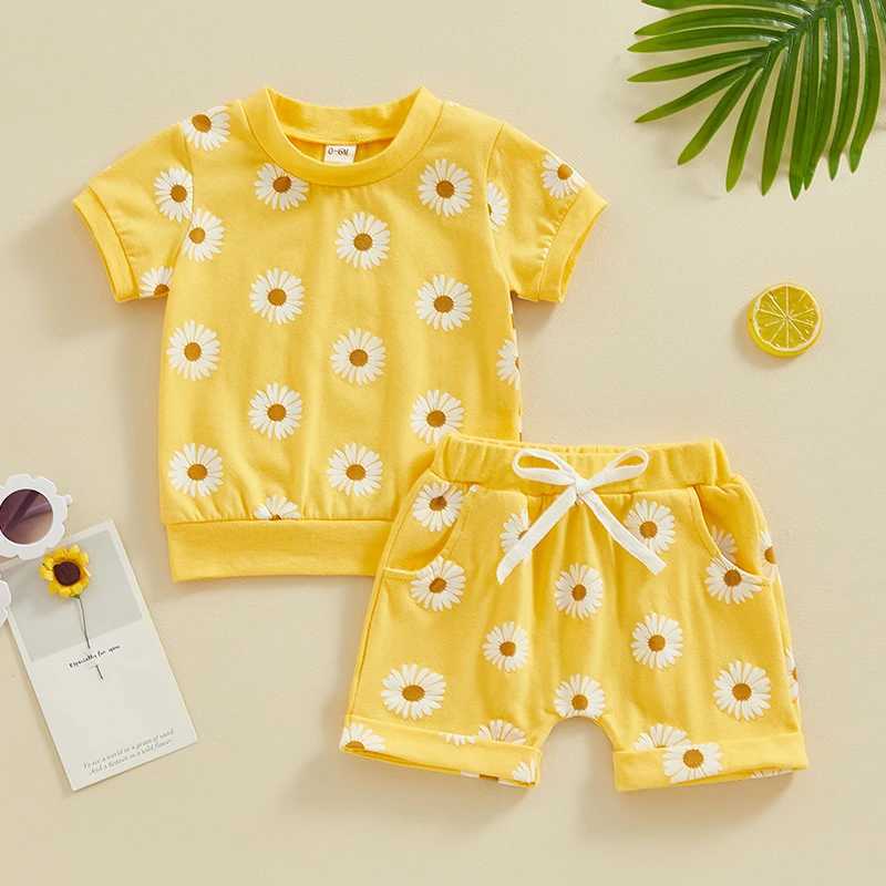 Clothing Sets Lioraitiin Toddler Newborn Baby Girls Summer Clothes Short Sleeve Daisy Print Crew Neck T-Shirt Elastic Rolled Shorts Set R240708