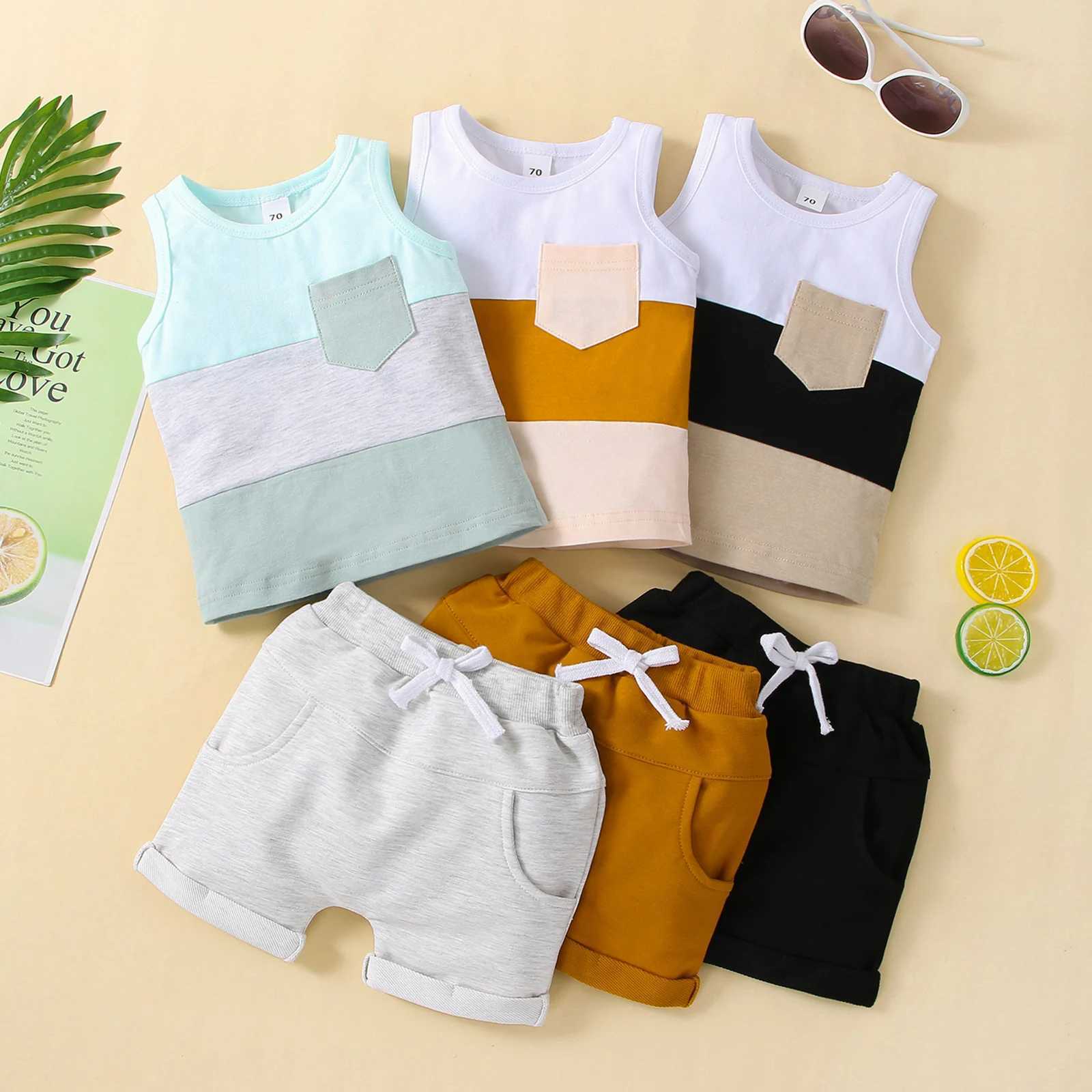 Clothing Sets Infant Baby Boys 2PCS Pants Suit Sleeveless Patchwork Crew Tank Tees + White Straps Short Pants Toddler Boys Casual Outfit R240708