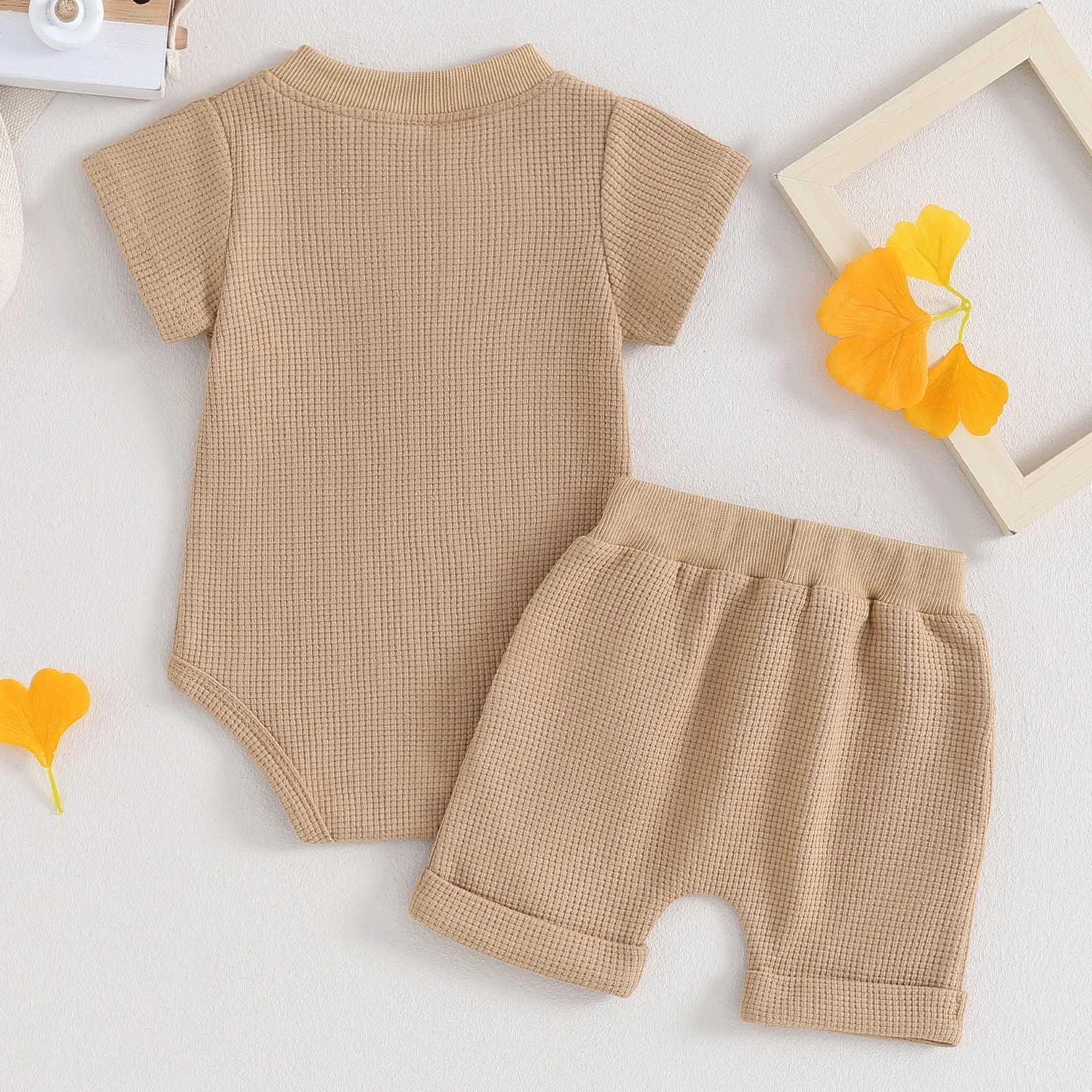 Clothing Sets Pudcoco Toddler Newborn Baby Boy Summer Clothes Solid Color Waffle Short Sleeve Button Romper with Shorts 2Pcs Outfit 0-12M R240708