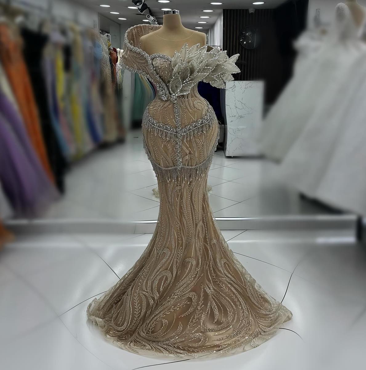 2024 Aso Ebi Champagne Illusion Mermaid Prom Dresses Crystals Lace Evening Formal Party Second Reception Birthday Celebrity Engagement Gowns Dress Rob