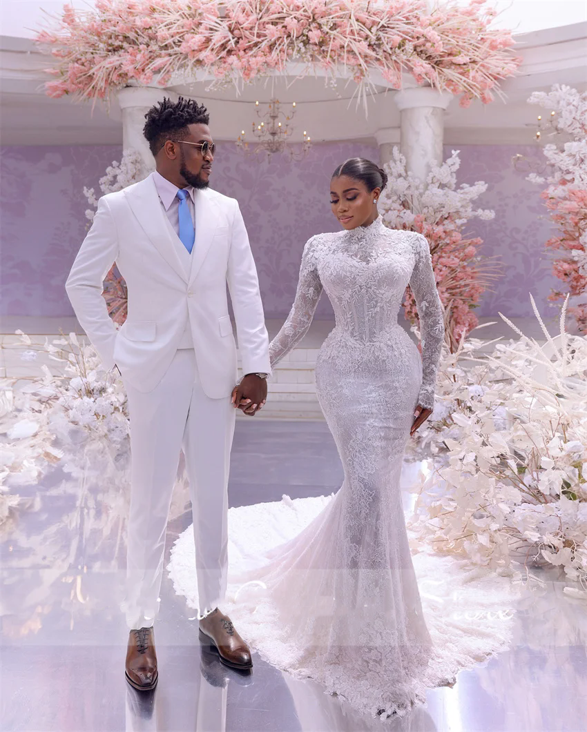 Elegant African Mermaid Dresses Long Sleeves Court Train Beaded Lace Appliques Aso Ebi Bridal Wedding Gowns