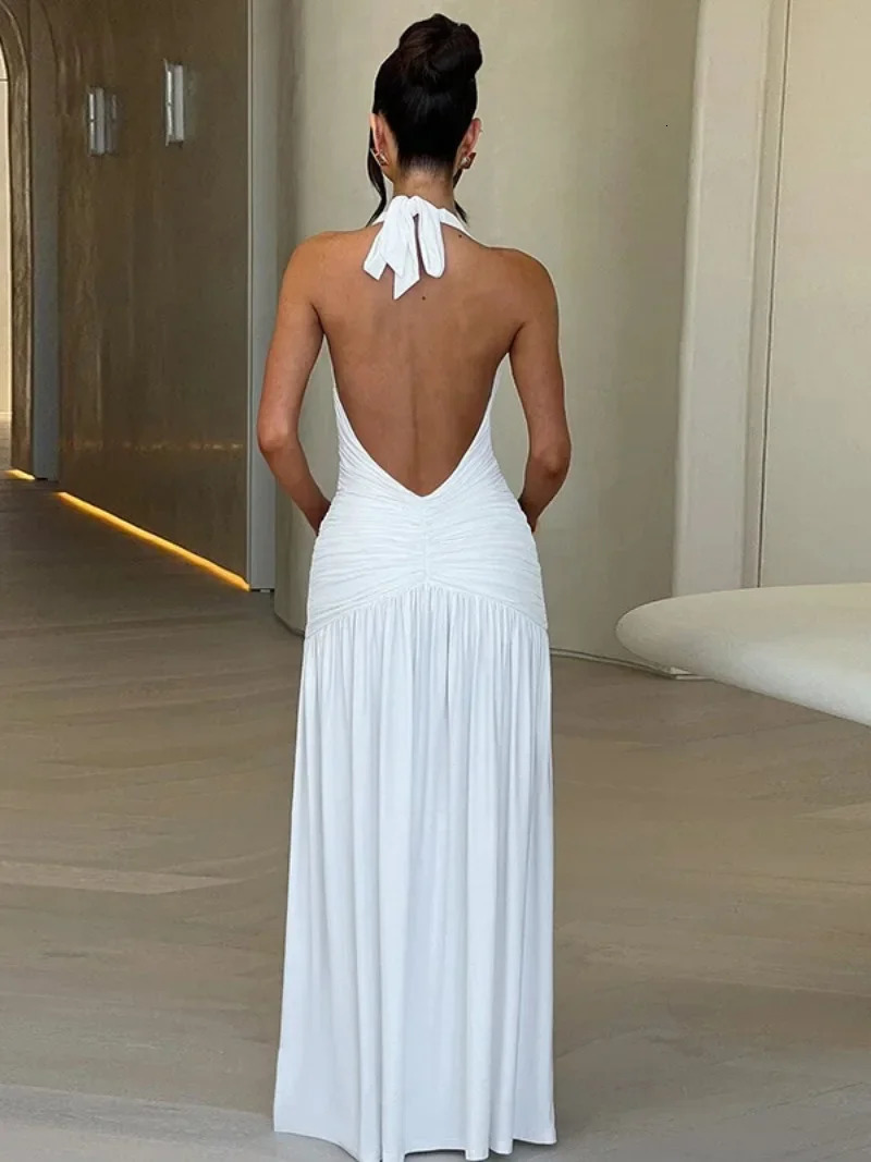 Womens Summer Deep Vneck High Waist Folds Long Dress Halter Neck Bandage Backless Tunics Split White Party Evening Dresses 240627