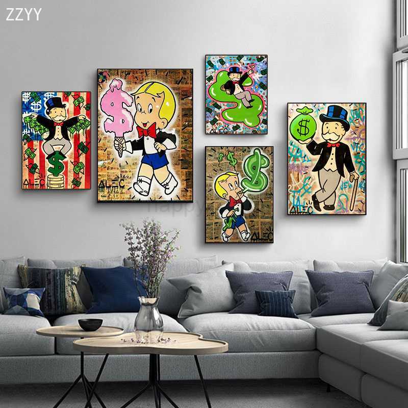 Graffiti Artworks Alec Monopoly Rich Man Dollars Money Pop Art Canvas Poster Painting Cartoon Street Art Wall Pictrue Home DecorCL240708