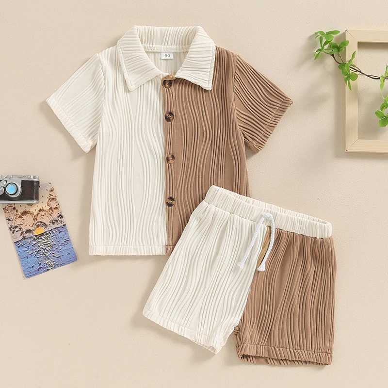 Clothing Sets 2024-03-18 Lioraitiin Kids Boys Summer Outfits Patchwork Textured Buttons Short Sleeve Tops and Elastic Waist Shorts Clothes Set R240708