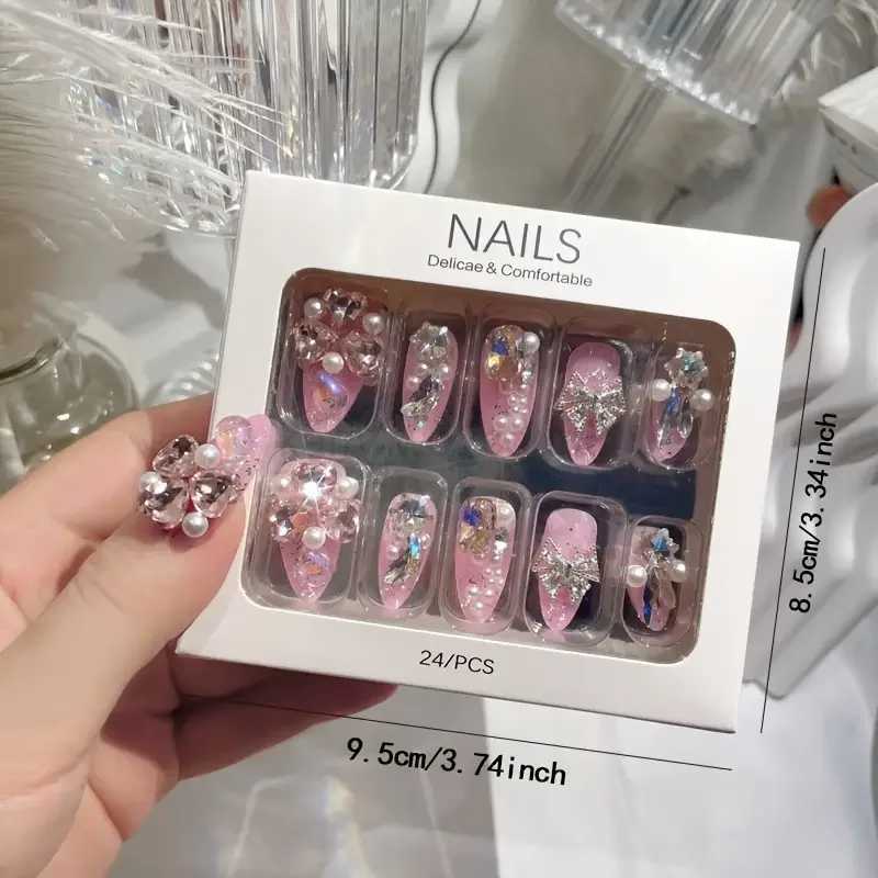 24PCS/Set Long Oval False Nails 3D Heart Sparkling French Press On Nails Pink Full Cover Fake Nail Crystal Gem Design Nails TipsM240708