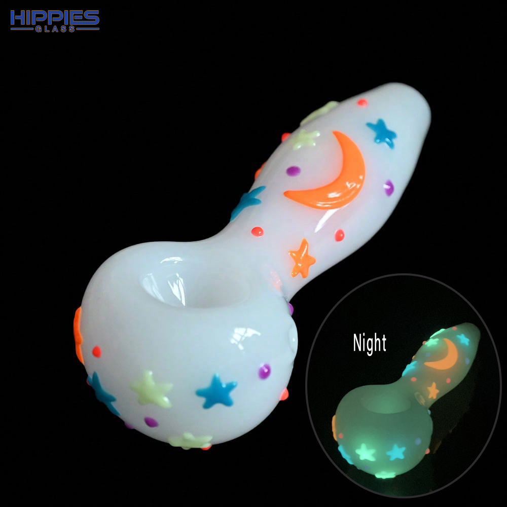 Colored Hand Drawn Glass Pipe,Cute Star Moon Pattern With Glow In Dark,Borosilicate Glass Bong,Glass Hookah,Smoking Accessaries,4in,HippiesGlass