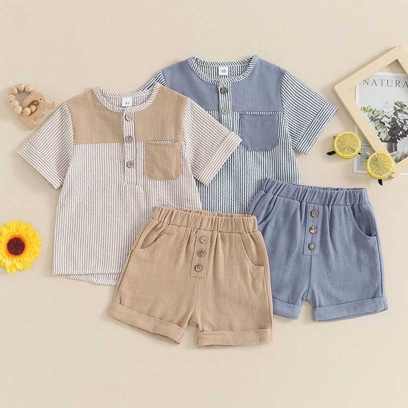 Clothing Sets 2024-03-09 Lioraitiin Toddler Boys Summer Outfits Striped Print Short Sleeve T-Shirt and Elastic Shorts Vacation Clothes Set R240708