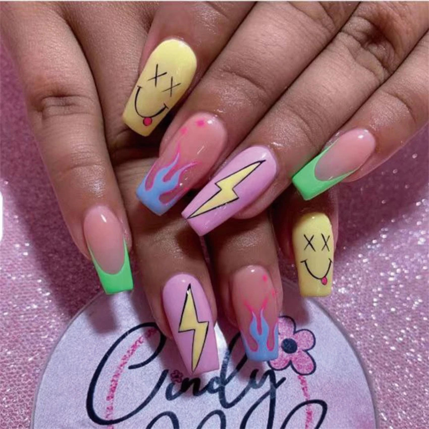 24Pc/Lot Light Pink Blue Gradient Long Ballet False Nail Acrylic Pressing Nail Tip Detachable Artificial Wear False Nail Art 240705