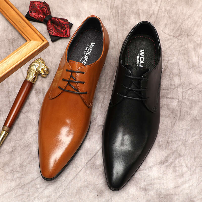 HKDQ Formal For Genuine Leather Italian Dress Men Black Brown Lace Up Wedding Men's Pointy Oxford Shoes