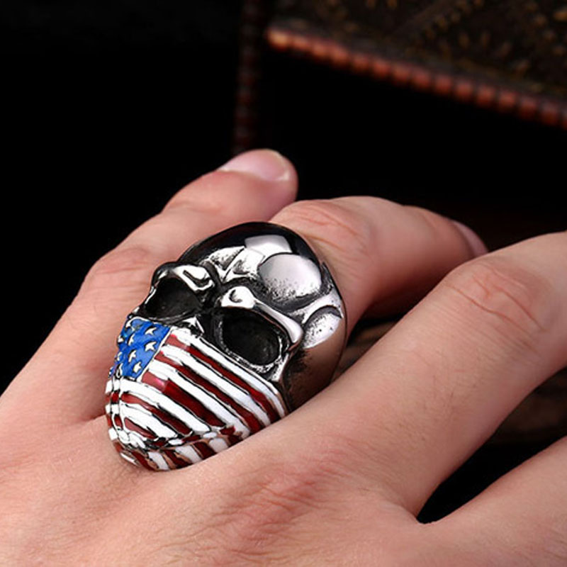 Hip Hop Retro Titanium Steel Skull Ring USA Star Flag Mask Punk Style Cool Oil Drop America Flag Men Women Ring Jewelry Top Quality