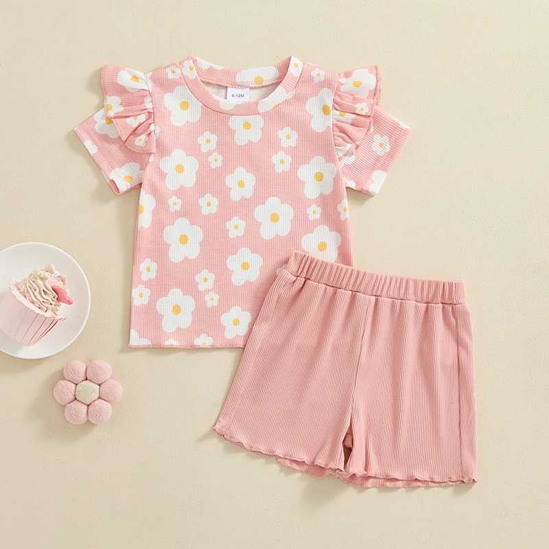 Clothing Sets 2024-04-19 Lioraitiin Kids Girls Shorts Set Short Sleeve Crew Neck Flower Print T-shirt with Shorts Summer Outfit R240708