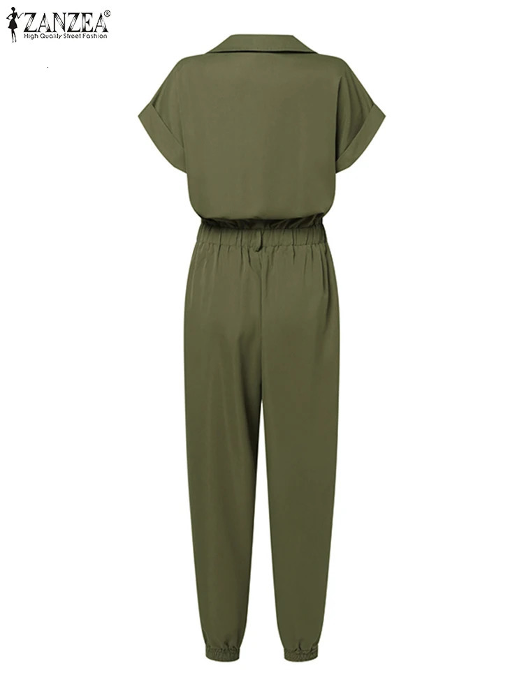 ZANZEA Women Overall Summer Fashion Cargo Jumpsuits Lapel Short Sleeve Rompers Elegant Lady Playsuits Vintage Work Pants Belted 240703