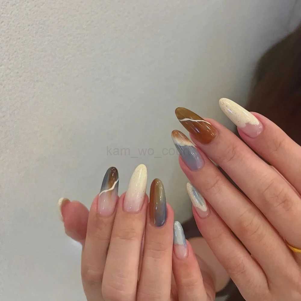 10Pcs Handmade Manicure Medium Almond Fake Nails Painting marble Limited Nails Press On Nails Design with Adhesive Nail File SetM240708