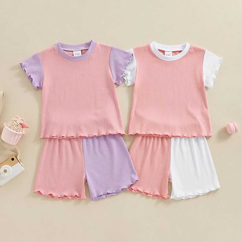 Clothing Sets 2024-04-10 Lioraitiin Kids Girls Shorts Set Contrast Color Short Sleeve Crew Neck T-shirt with Shorts Summer Outfit R240708