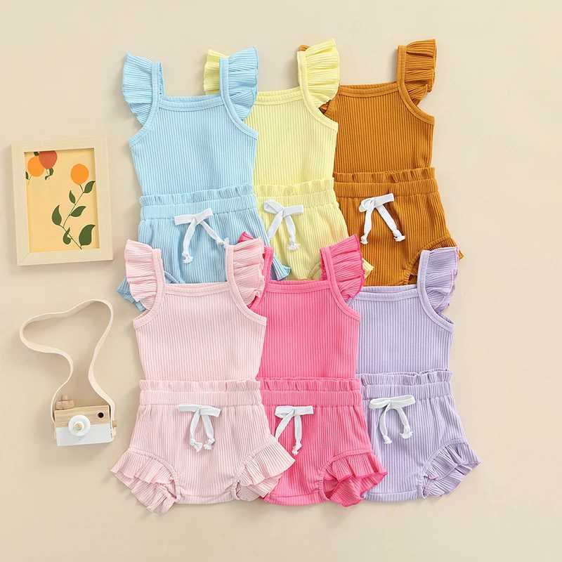 Clothing Sets Newborn Infant Baby Girl Two-Piece Solid Outfits Solid Color Flying Sleeve Romper + Elastic Drstring Short Pants R240708