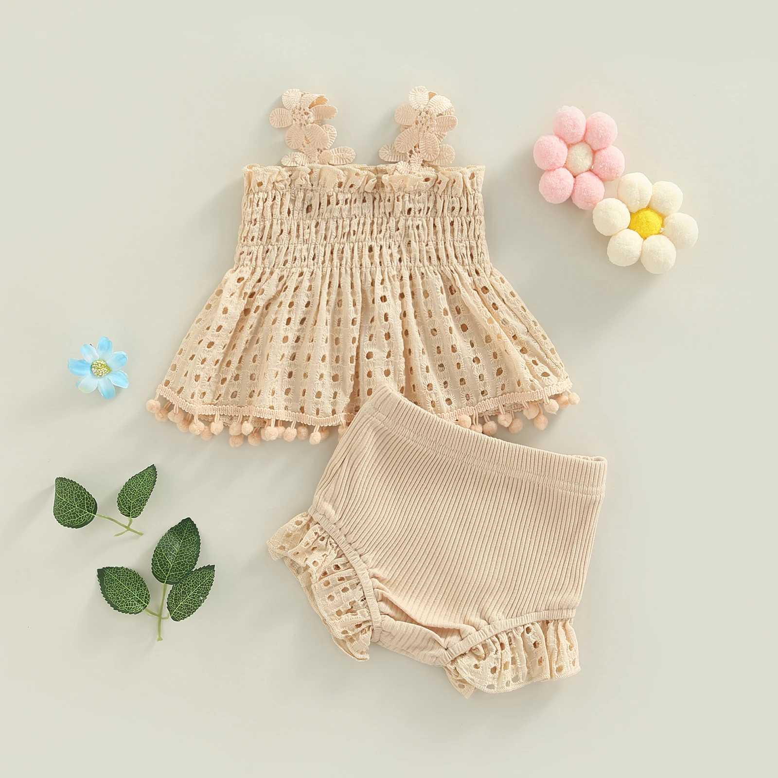 Clothing Sets Toddler Baby Girls Summer Outfit Solid Color Cutout Pleated Tank Tops and Stretch Casual Ruffle Shorts 2Pcs Set R240708