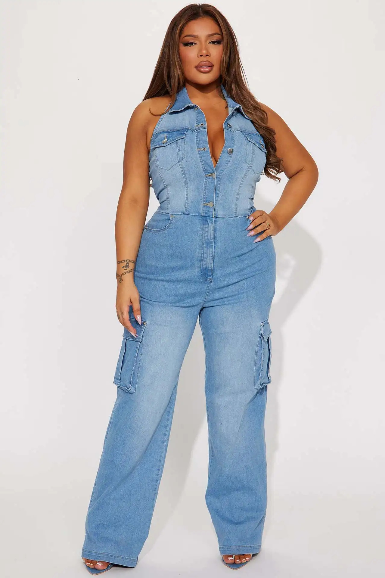 Sexy Denim Jean Jumpsuit 2024 Women Summer Clothes Pocket Cargo Pants Y2K Streetwear One Piece Denim V Neck Rompers Jumpsuits 240701