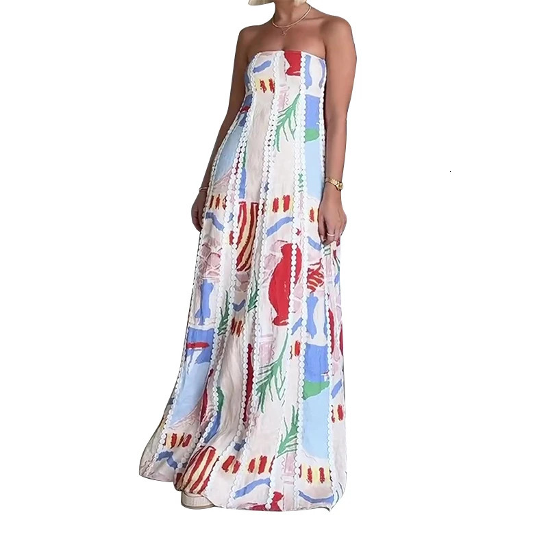 Fashion Linen Long Dresses Women Elegant Patchwork Printed Backless Strapless Dress Vacation Summer Street Robes 240703