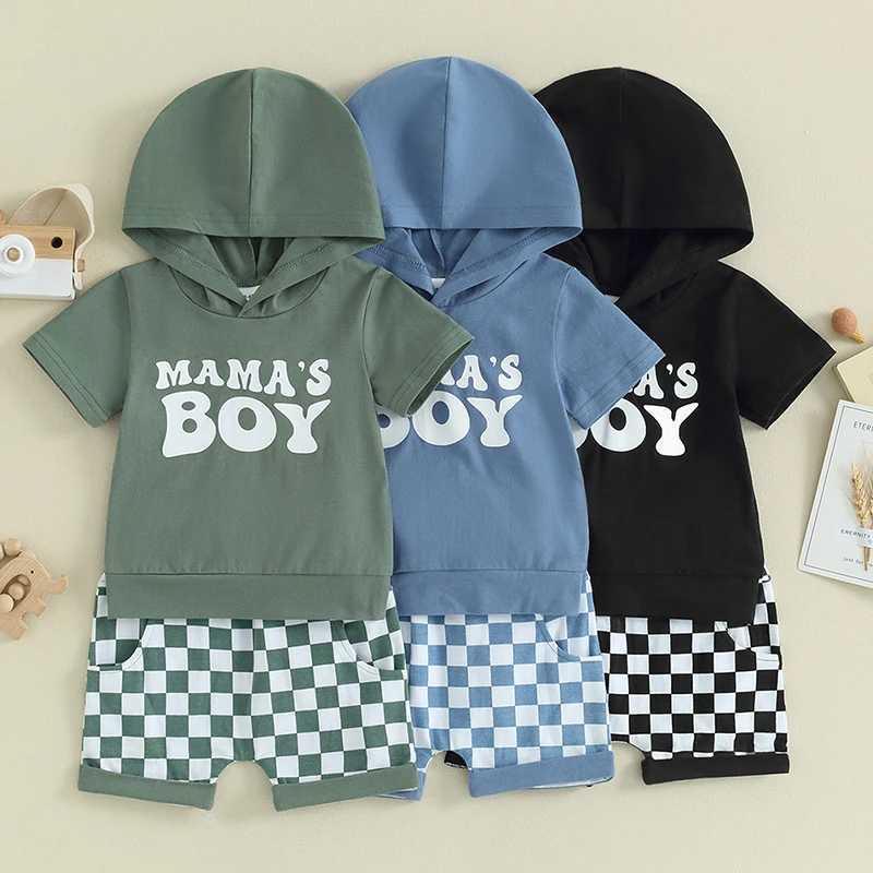 Clothing Sets 2023-12-28 Lioraitiin 0-3Y Toddler Baby Boy Summer Outfits Letter Print Short Sleeve Hooded Sweatshirts+Checkerboard Shorts Set R240708