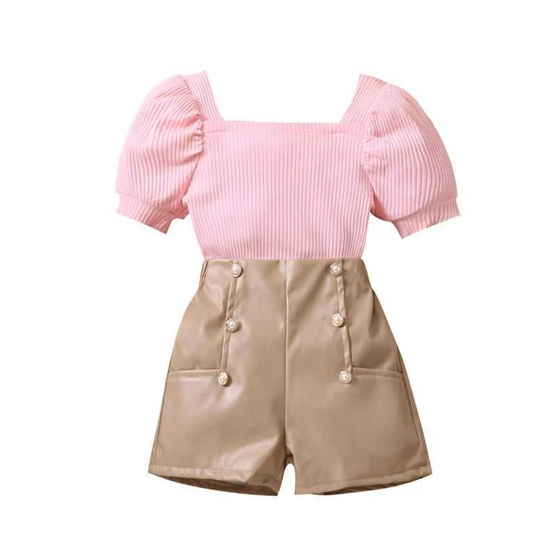 Clothing Sets 2023-02-21 Lioraitiin 0-6Years Toddler Girls 2Pcs Summer Outfit Sets Pink Short Sleeve Knit Ribbed Tops Brown Button Shorts R240708
