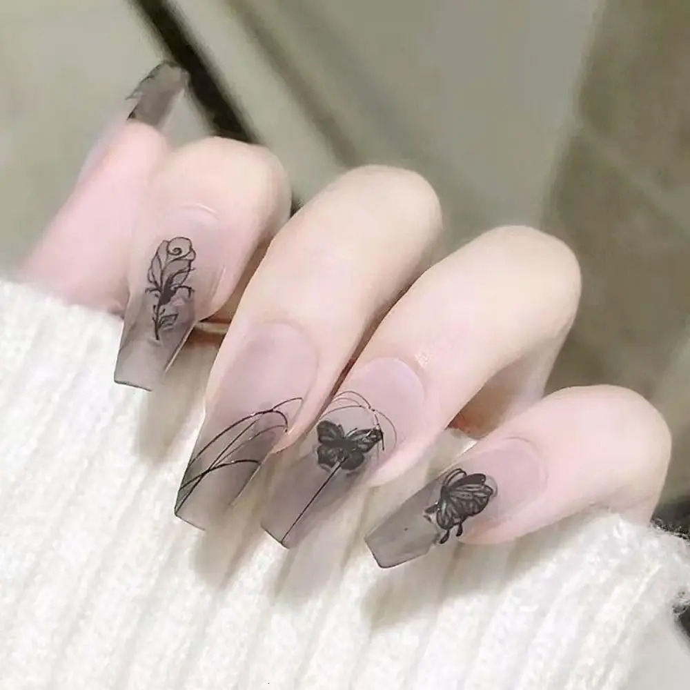 Ink Wear Nail Rose Nail Patch Dark High Grade Nail Wearing Sense Long Section Nail Patch White Nail Patch 240705