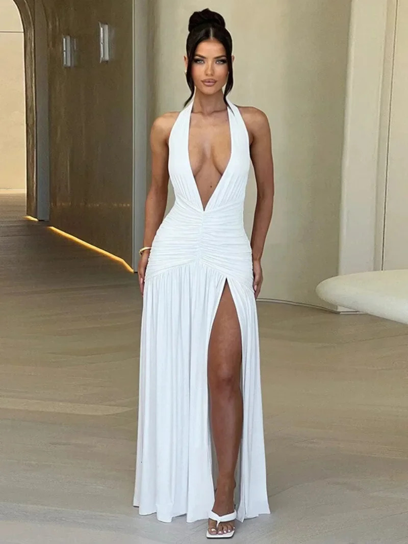 Womens Summer Deep Vneck High Waist Folds Long Dress Halter Neck Bandage Backless Tunics Split White Party Evening Dresses 240627