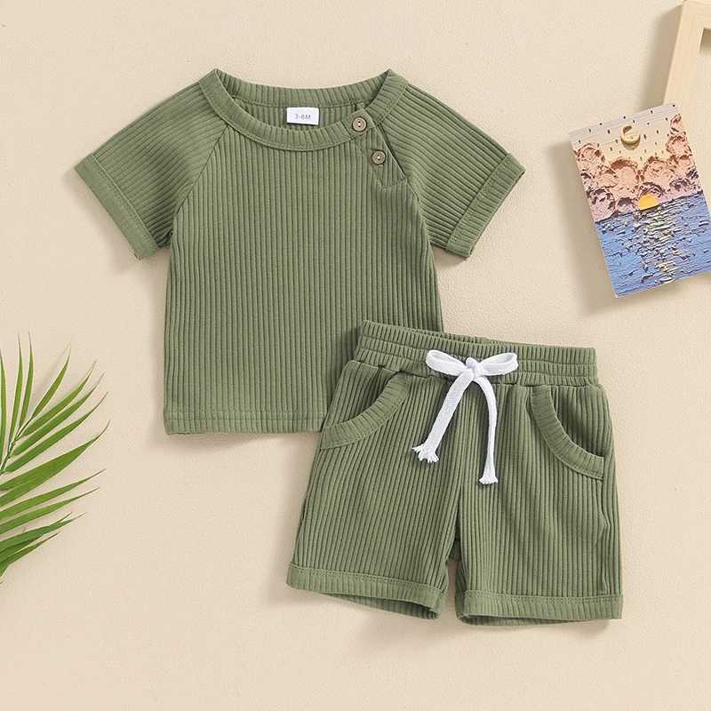 Clothing Sets 2024-04-03 Lioraitiin 3M-3Y Baby Boys Summer Outfits Solid Color Short Sleeves T-Shirt and Elastic Shorts Vacation Clothes Set R240708