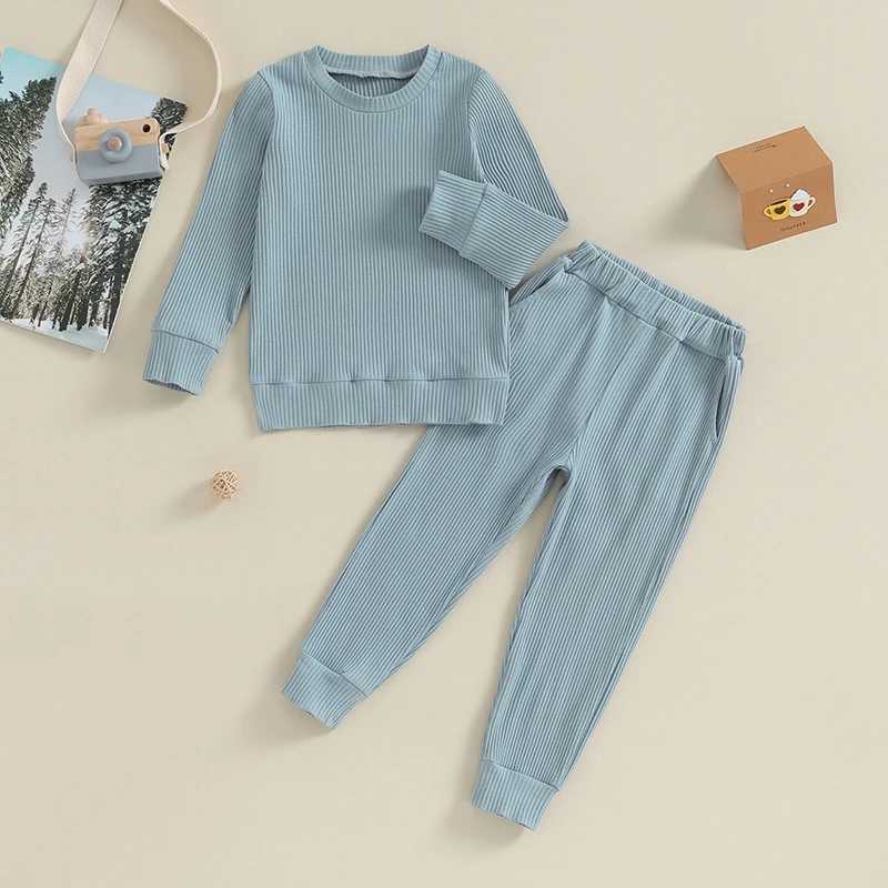 Clothing Sets 3-7Y Kids Boys Solid Color Ribbed Outfits Baby Autumn Clothes Children Long Sleeve Sweatshirt Tops Pants Sets R240708