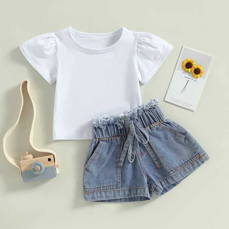Clothing Sets 2023-03-07 Lioraitiin 0-4Years Toddler Baby Girls 2Pcs Summer Outfit Short Sleeve T-shirt Elastic Bandage Denim Shorts Set R240708