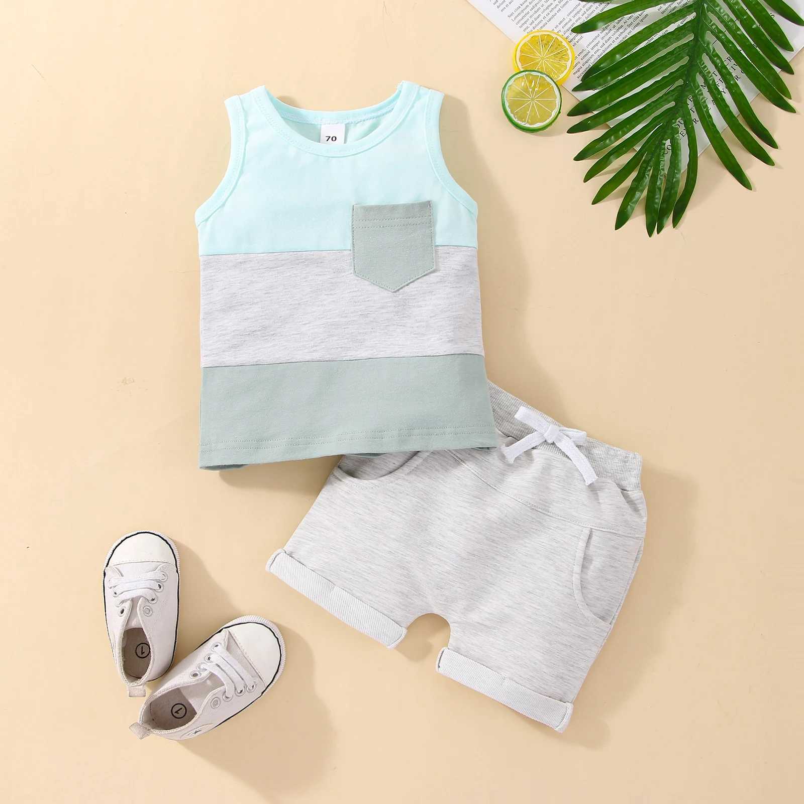 Clothing Sets Infant Baby Boys 2PCS Pants Suit Sleeveless Patchwork Crew Tank Tees + White Straps Short Pants Toddler Boys Casual Outfit R240708