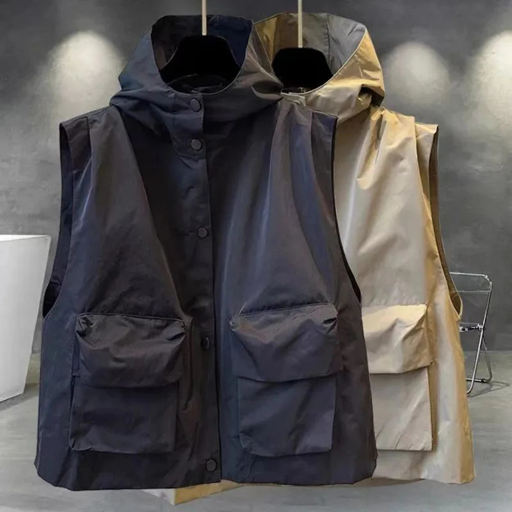 Mens Large Size Casual Vest Solid Color Hooded Outer Vest Korean Style Trendy Work Wear Pocket Outer Wear Y2k Vest 240703
