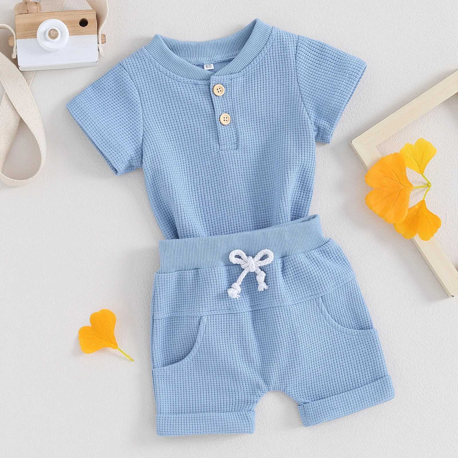 Clothing Sets Pudcoco Toddler Newborn Baby Boy Summer Clothes Solid Color Waffle Short Sleeve Button Romper with Shorts 2Pcs Outfit 0-12M R240708