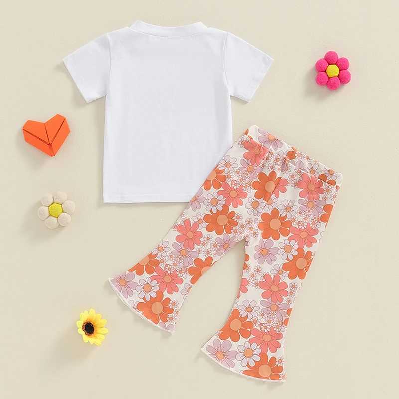 Clothing Sets 2024-05-09 Lioraitiin Toddler Girls Summer Outfits Letter Print Round Neck Short Sleeve Tops Elastic Waist Flare Pants 2Pcs Set R240708