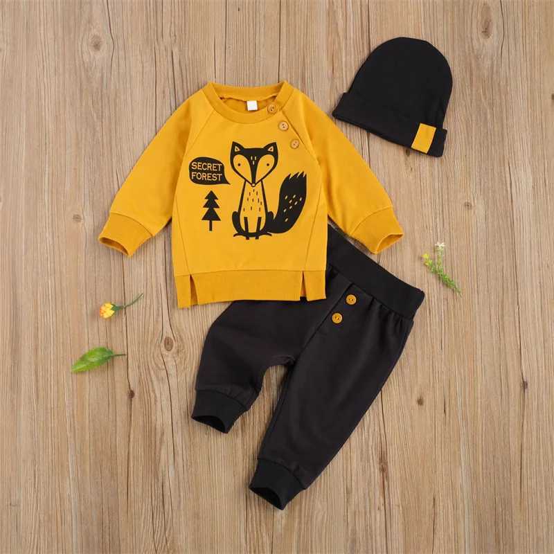 Clothing Sets 0-24M Baby Boys Autumn Winter Clothes Set Toddler Long Sleeve Fox Printed Tops Sweatshirt Pants Beanie Hat 3Pc Baby Outfits R240708