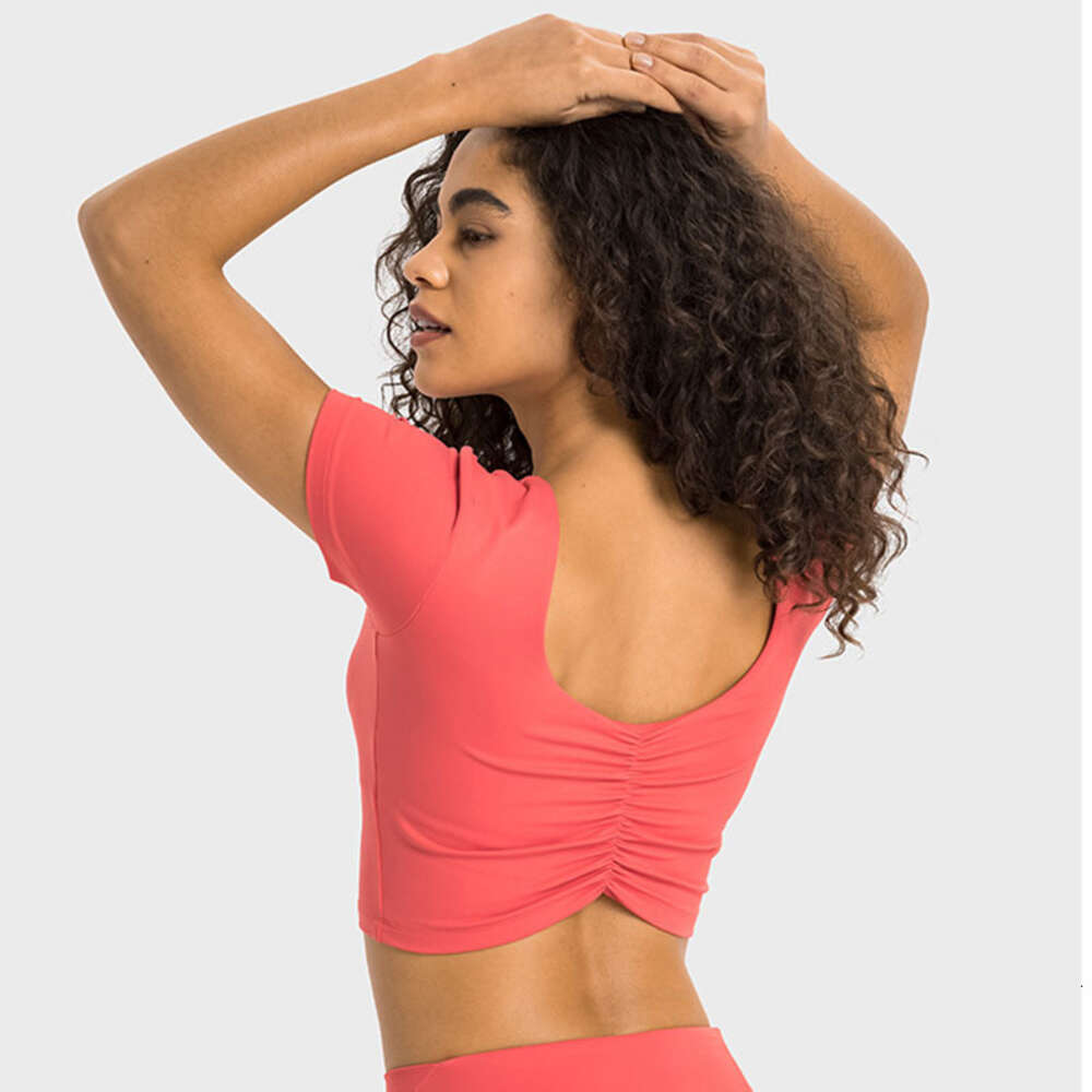 Women Sports Shirt Yoga Outfits with Padded Bra Workout Fitness Athletic Sport T-shirt Sexy Tank Tops Athletic Short Sleeve Vest Outdoor Wear