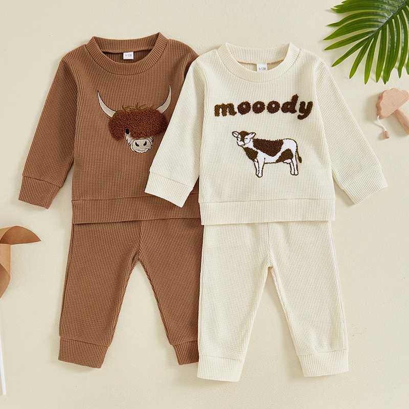 Clothing Sets 0-4Y Toddler Boys Spring Fall Pant Sets Cow Embroidered Long Sleeve Pullover Sweatshirt and Long Pants Outfits Kids Clothes Cute R240708