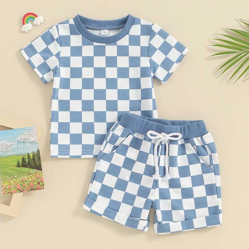 Clothing Sets 2023-12-19 Lioraitiin 0-3Y Toddler Baby Girl Summer Short Outfit Checkered Plaid Short Sleeve T-shirt Drstring Shorts Set R240708