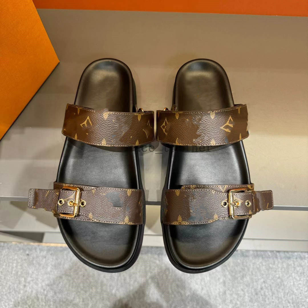 Unisex BOM DIA FLAT MULE Slippers Men Summer Shoes Slip On Leather Slides Double Strap SANDAL Flip Flops Classic Brown Black Vintage Buckle Slider 6.8 04