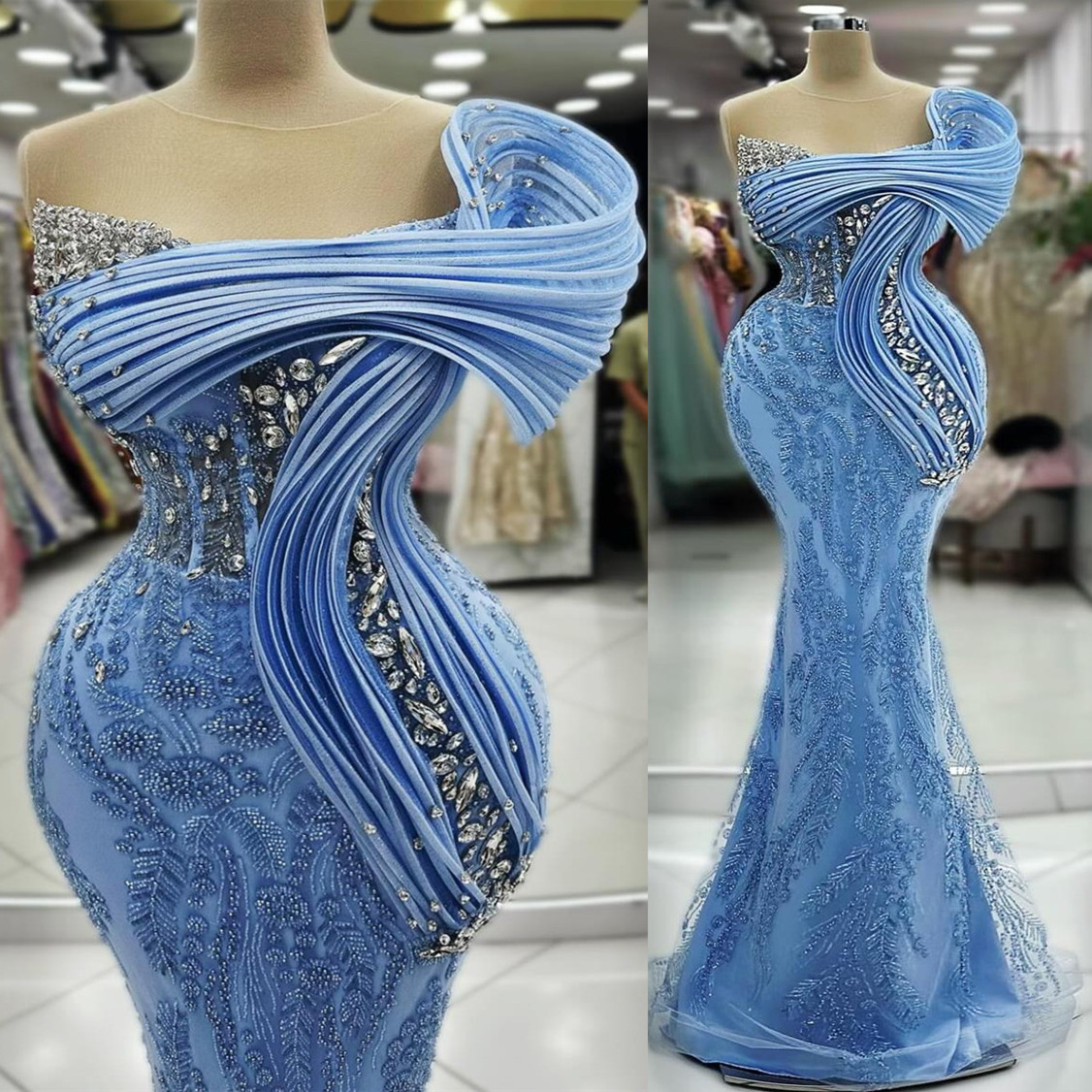 2024 Aso Ebi Sky Blue Prom Dresses Crystals Sequined Lace Evening Formal Party Second Reception Birthday Celebrity Engagement Gowns Dress Robe De Soir