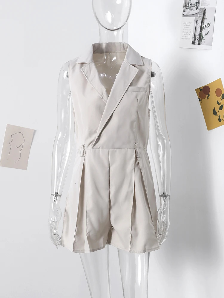 Sexy Sleeveless Jumpsuit Women 2024 Spring Summer Fashion Slim Lapel Pocket Onesie Ladies Elegant Female Solid Pleated Outfits 240703